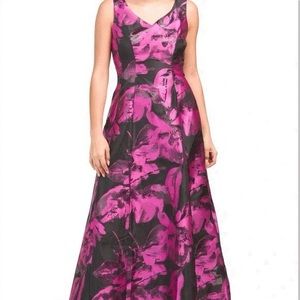 Tahiti Hot Pink Jacquard Floral Print Gown Sleeveless with Pockets - Size 14